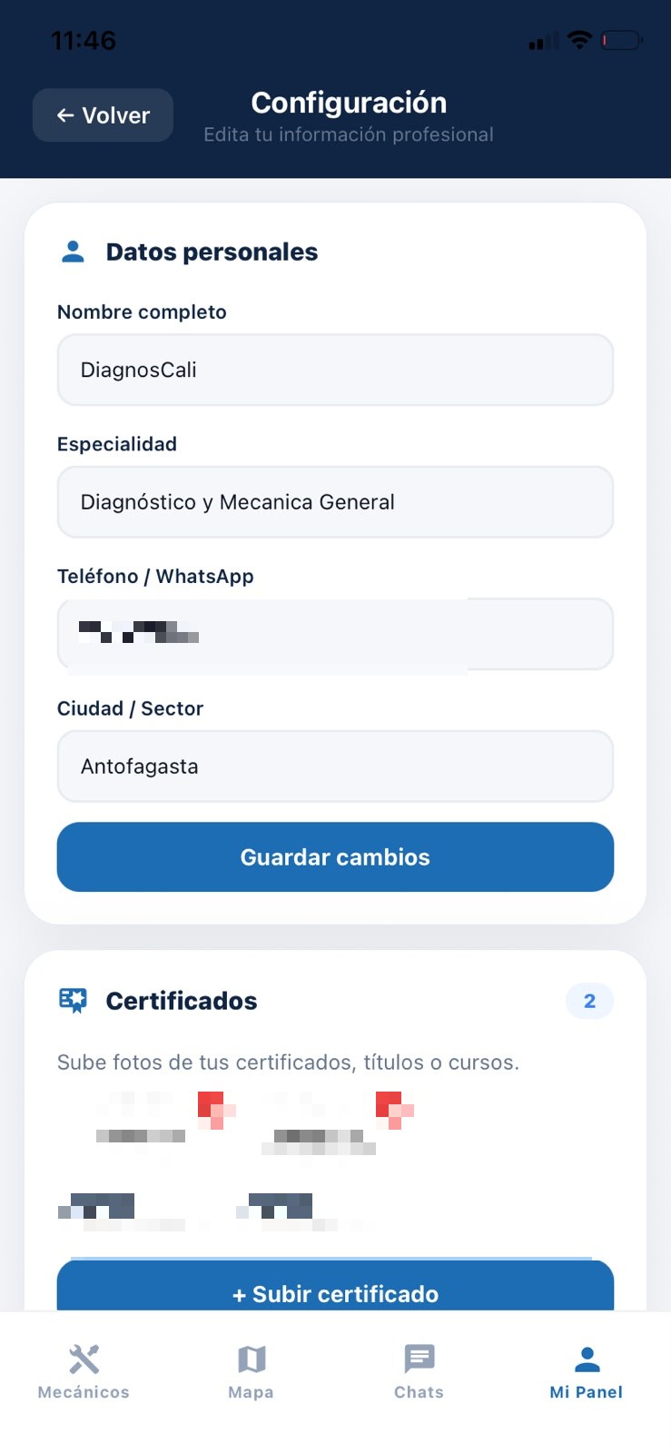 Pantalla de configuración del perfil con datos y certificados