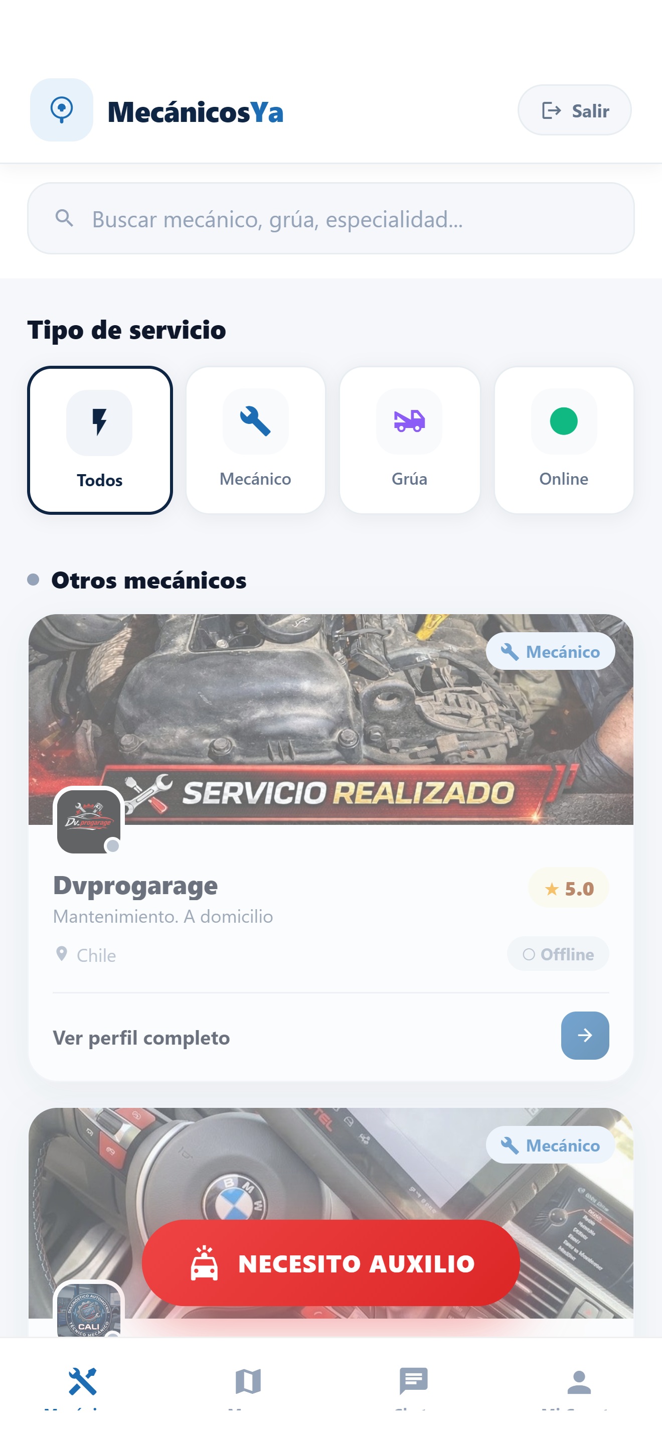 Pantalla de MecánicosYa mostrando mecánicos disponibles cerca de ti