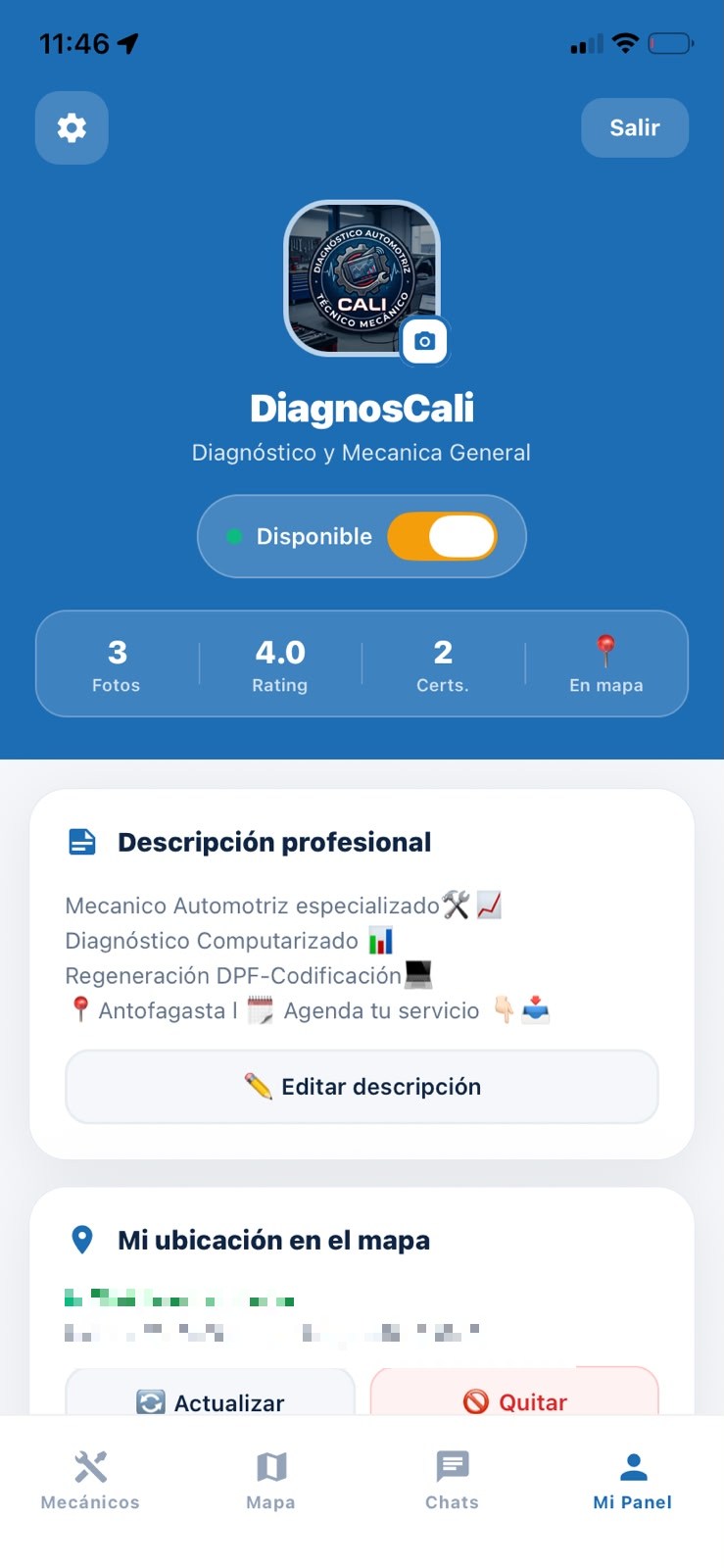 Panel del mecánico en MecánicosYa con estado disponible, estadísticas y descripción