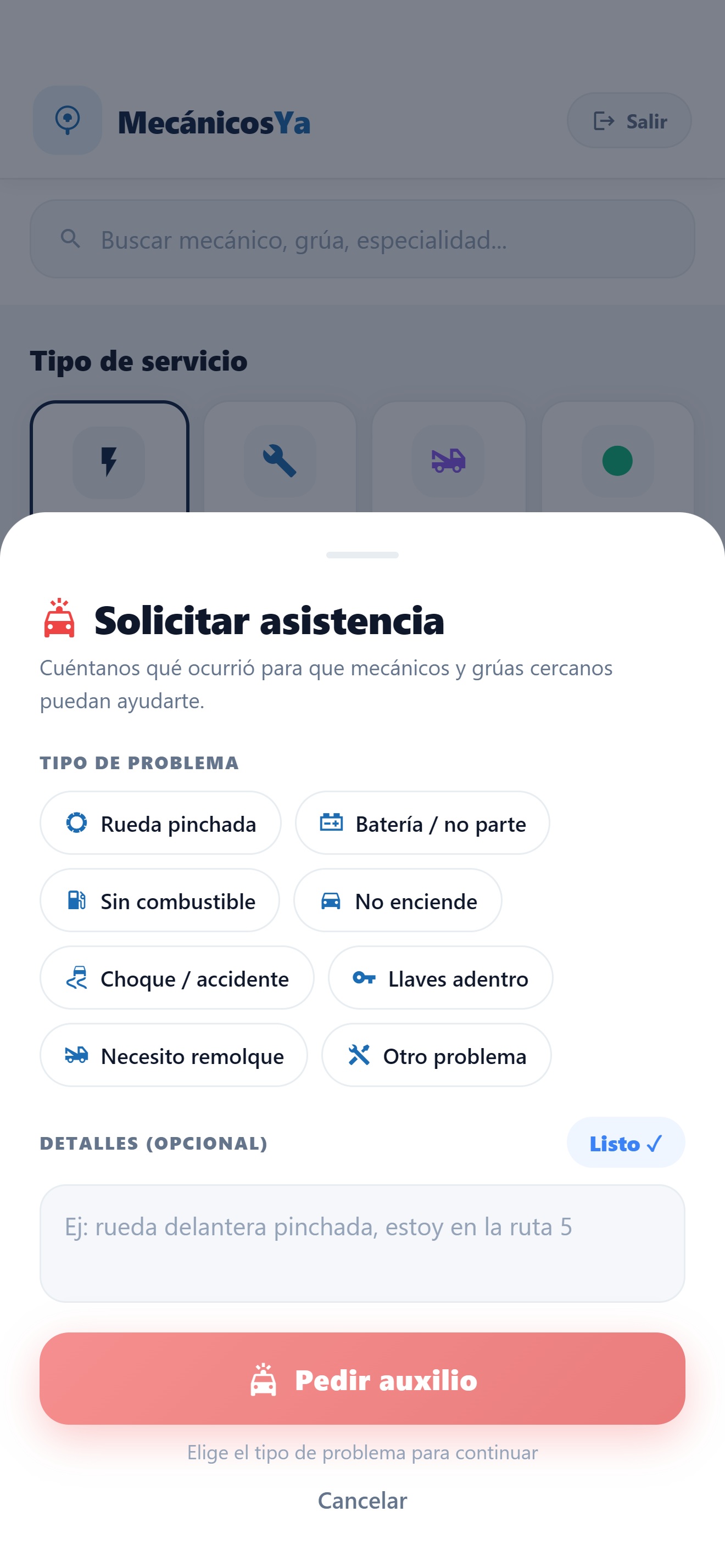 Solicitud de asistencia SOS por tipo de problema